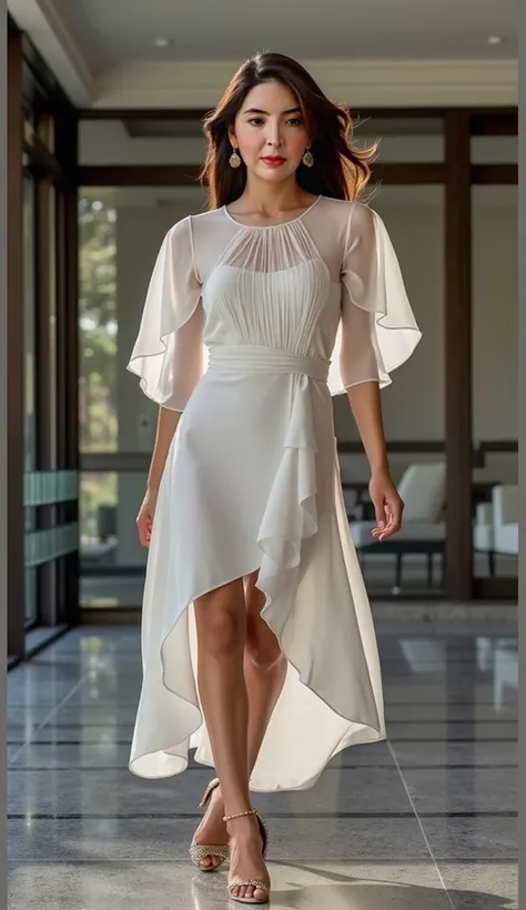 A 35-year-old woman of Asian descent, with sophisticated and elegant features, wearing a modern, fitted white dress made from flowing fabrics like chiffon or organza. The dress hugs her silhouette gracefully, with semi-sheer layers and a subtle, form-fitti...