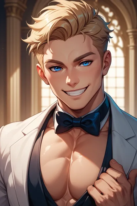  a man, Muscular, High resolution , breasts, smile,   short straight hair  , Blue eyes,   blond hair , Teeth, hot, handsome, elegant
