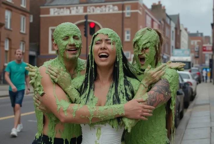 DSLR photograph. Beautiful Chinese woman covered in green water. Two completely clean men hugging the woman. Photorealistic. Wet liquid. Nasty slime. Raw photo. Wearing strapless white dress. London streets. Daytime. Green Slime. Dripping green goo. 30 yea...