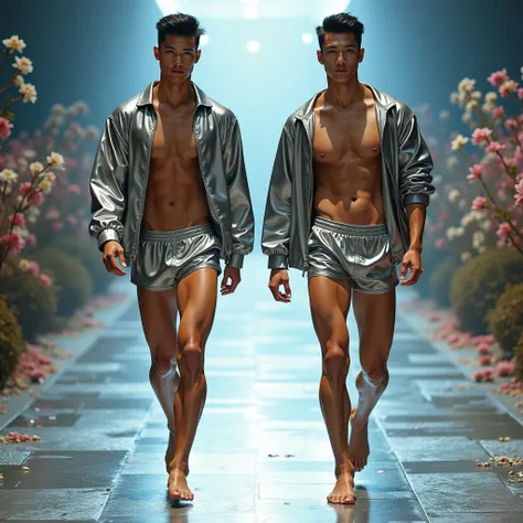 two shirtless man walking down a runway wearing a offene jacket and shorts, bare athletic chests, manabu ikeda, silver color, of a youthful japanese beauty, made out of shiny white metal, aluminium, ripped mens fashion, in a metal design wrapped in flowers...