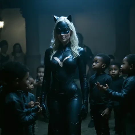 white blonde milf sexy mother 39 years in catwoman costume con gran escote y grandes tetas,, night halloween rodeada de chicos niños negros. ELLOS LE TOCAN EL CULO
