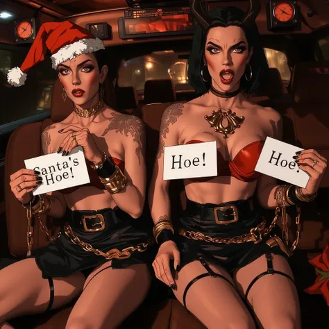 A cinematic ultra realitic photo of Two cute goth in dark gothic sitting in a brown red sofa, ((Skinny anorexic bodys)), slim arms, narrow hips, extremely long anorexic legs. Hairstyles: short dark hair . Santa hats has devil black horns on there heads. Sq...