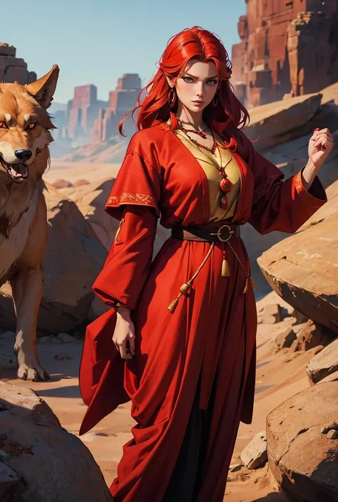 female humanoid red dragon wearing peasant clothing and wolf amulet