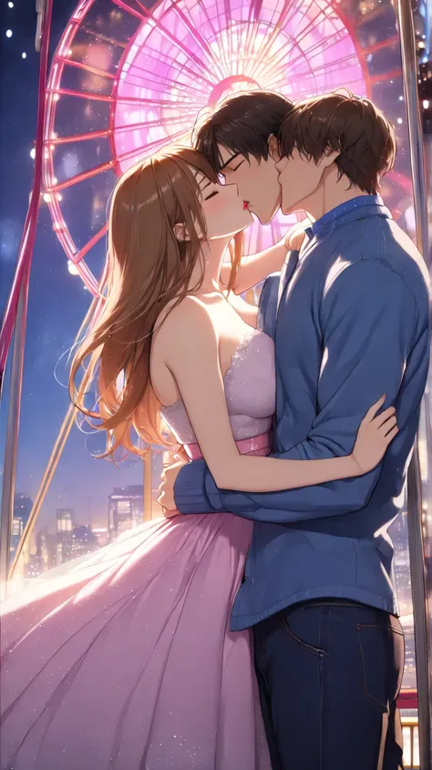 (NSFW, Masterpiece, 4k high resolution, super high quality, Detailed drawing, Lighting that creates a moving emotional experience:1.5, Pretty lights up just for her, Romantic Orb:1.5, On Height difference couples first Ferris wheel date:1.5, A deep kiss th...