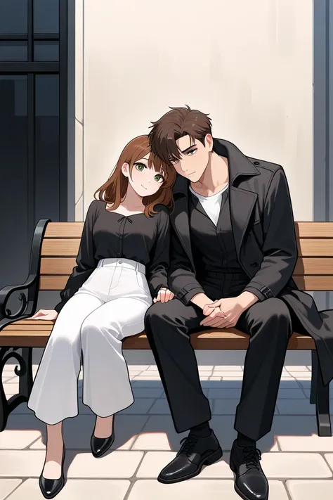 A man and a woman sitting side by side on a bench in a dark street. The woman is short, has brown hair and green eyes, and the man is tall, with brown hair and hazel eyes. The woman puts her head on the mans shoulder and they are holding hands. The woman i...