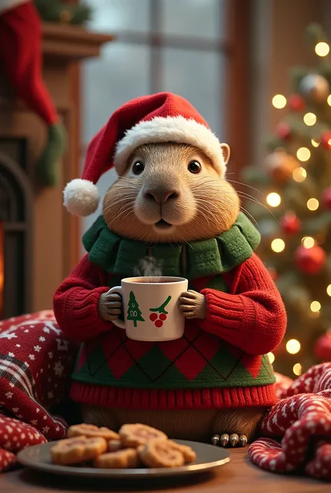 Capybara in Christmas clothes drinking hot chocolate