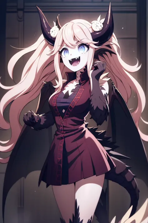 Masterpiece, big crazed open smile,evil menacing face and smile, laughing open large fanged smile, junko enoshima, long hair, bangs, blue eyes, pink hair, hair ornament, twintails, bear hair ornament, (Highres,4k,highly detailed, best quality), dragon scal...