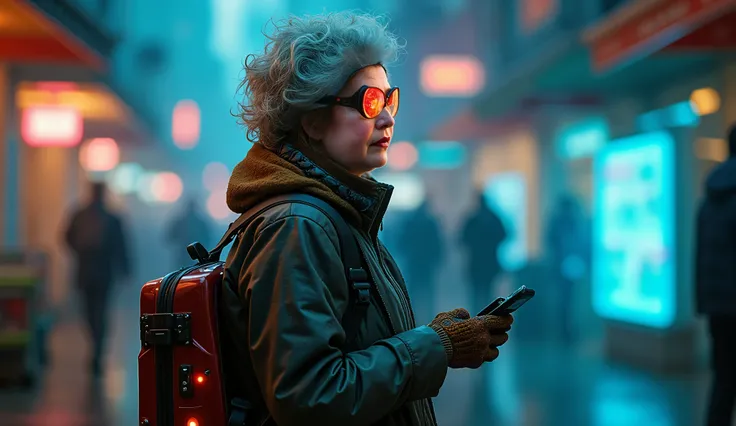 The older lady of the character reference dressed in a future costume and futuristic glasses, with her suitcase with LED lights and holographs .