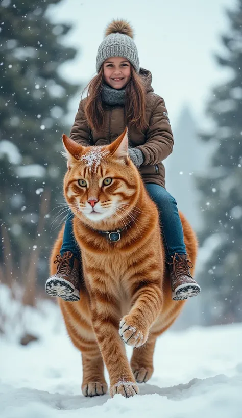 Little young woman riding on the back of a GIANT red cat in the snow