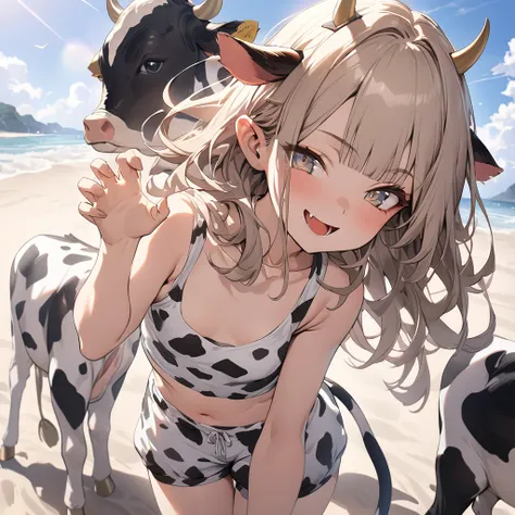 ((Masterpiece)), ((best quality)), (Anime:1.4), (super detail:1.2), (High Definition:1.3), (Professional Photography:1.3), (wide shot), (sharp focus), (perfect light), (()), 1girl, ((wearing Cow-patterned tanktop)), fluffy shorts, cinematic lighting, Textu...