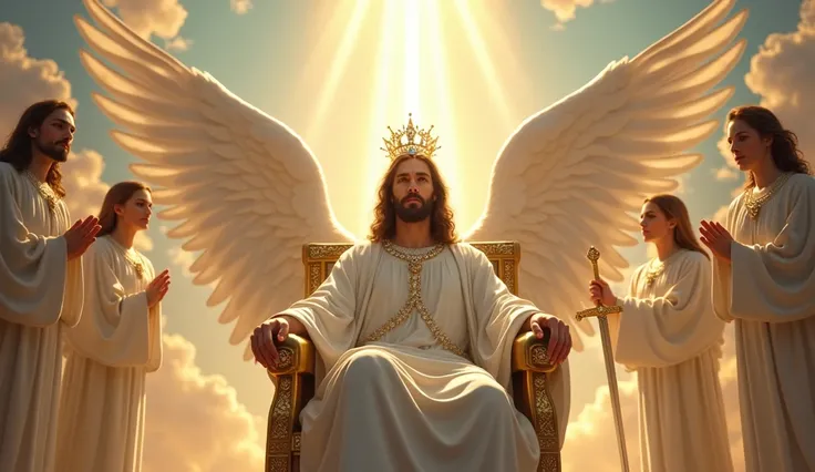 Jesus Christ, majestic and serene, sits on an imposing heavenly throne, radiating divine light. His white robe with golden details seems to shine, reflecting a softness that emanates directly from his presence. On his head rests a magnificent crown, studde...