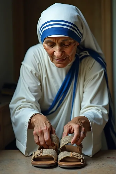 Mother Teresa is sniffing old sandals 