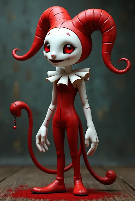  A jester with 4 arms and his color palette is white and red with some white tones ,  he looks quite mysterious and gives off a personality of madness and ludopathy ,  Her figure is slim and slender ,  his posture shows security and playfulness ,  prepared...