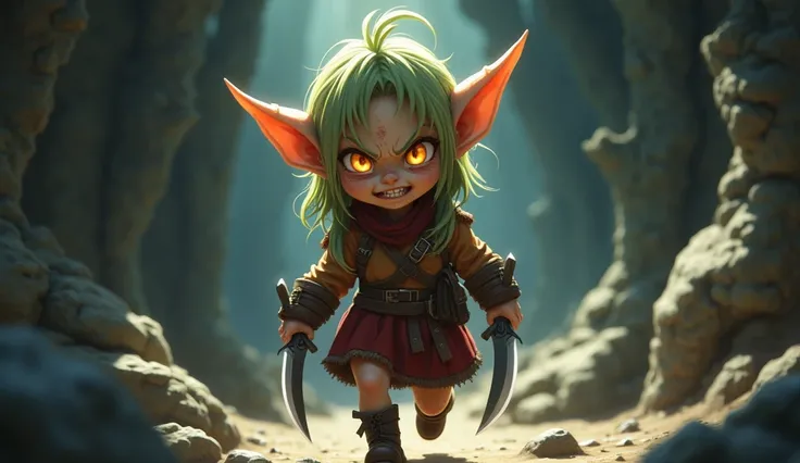 Anime goblin girl, warrior goblin girl, tiny goblin, 120cm tall, freckles, wielding two short daggers, walking through dungeon cave, angry expression, lots of freckles, red freckles, sadistic grin, realistic anime quality