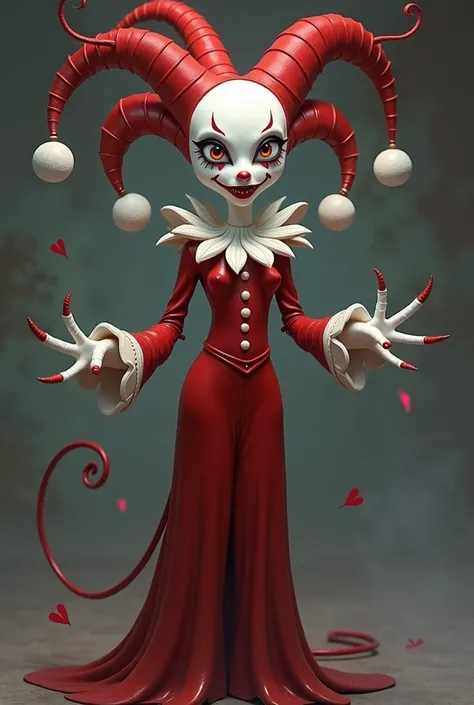  A jester with 4 arms and his color palette is white and red with some white tones ,  he looks quite mysterious and gives off a personality of madness and ludopathy ,  Her figure is slim and slender ,  his posture shows security and playfulness ,  prepared...