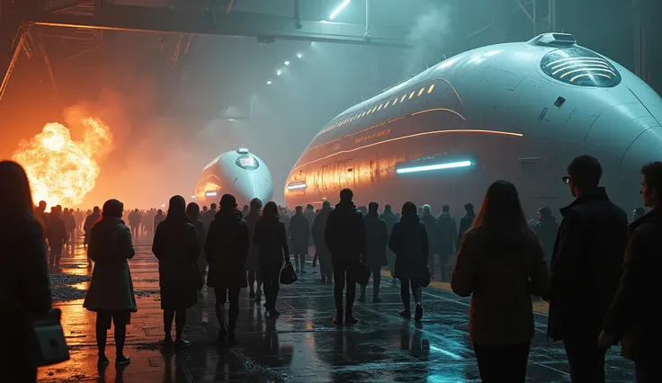 "An emotional and dramatic scene of people standing in line to board hyper-futuristic rescue ships. The ships have sleek, curved white designs adorned with glowing LED lights and holographic displays. Women and ren are prominently featured in the queue, so...