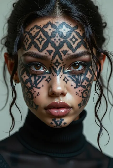 full body image, black girl with countless Louis Vuitton monogram tattooed on face and all over body, regularly dotted across all skin, each monogram is 0.2 inch in size, 1 persons, detailed and beautiful, A detailed eye, detailed and focused chest, ((plat...