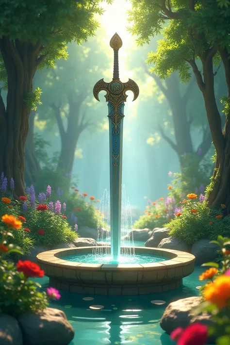 Internal garden with water fountain and the Master Sword in the middle