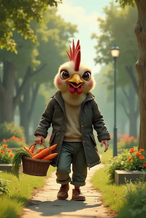 A man with a chickens head walks through the park and he loves carrots