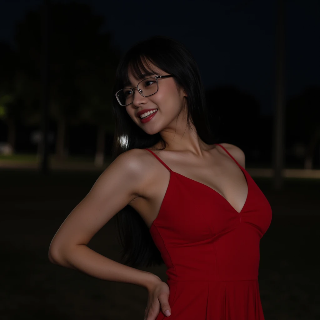 natural amateur shot. a pov of taking show body a brazilian woman, From the coast looking back, using a camera flash, against background forest night , without make up, slight smile with slight open mouth, she has long black hair with bangs, wearing square...