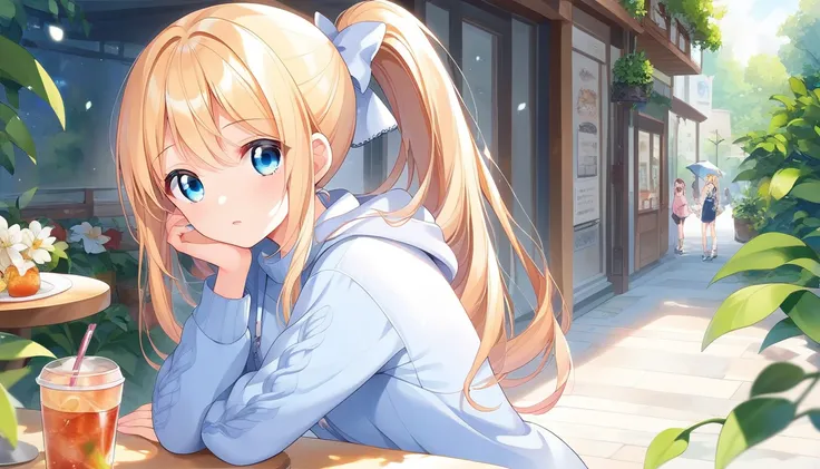 
 close-up of a girl sitting on the ground with a chair in the background,  Cute Girl Anime Visual  ,  splash art anime  , maAlso kitagawa fanart,   anime moe art style , cute anime wife wearing sweater,   anime best girl  , Also, Blonde long hair、Blue Eye...