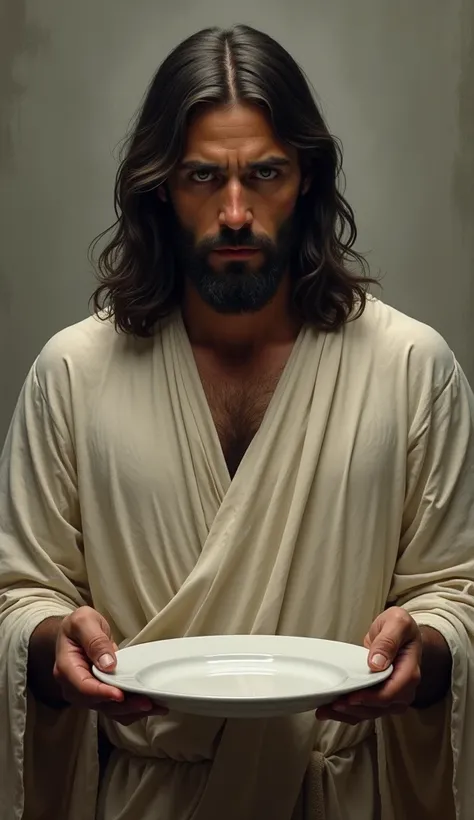 Jesus with an empty plate, With a sad expression looking at the camera 