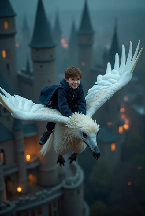  Creates a high quality 8k ,  very detailed , high detail ,  type photograph ,  cinematic style,  Depth of field , very elegant.  We see flying over Howarts Castle ,  to a 16-year-old boy ,  short brown hair ,  brown eyes.  He wears the uniform of ravencla...