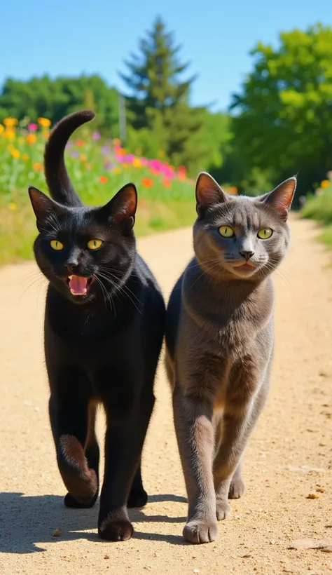  The black cat and the glowy cat are walking side by side on a dirt road. They seem inseparable ,  with expressions of happiness and companionship .  The black cat has a light smile and eyes shining with contentment .  The gust cat looks at him with a gent...