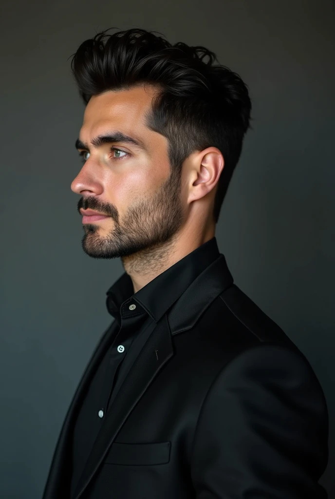 man, 29 years old, profile,  with the face turned to the side but looking forward , with black hair and aligned , grayish blue eyes,  fair skin with an uncut beard ,  defined maxilla full lips ,  dressed in a black button-down shirt and a black blazer, mas...