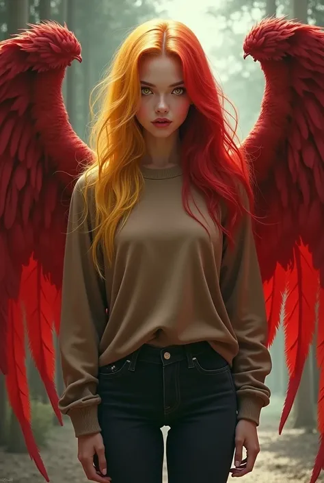 A girl with long hair colored yellow and with red hair and with yellow eyes and with a brown sweatshirt and black pans and who has red wings and who is sexy 