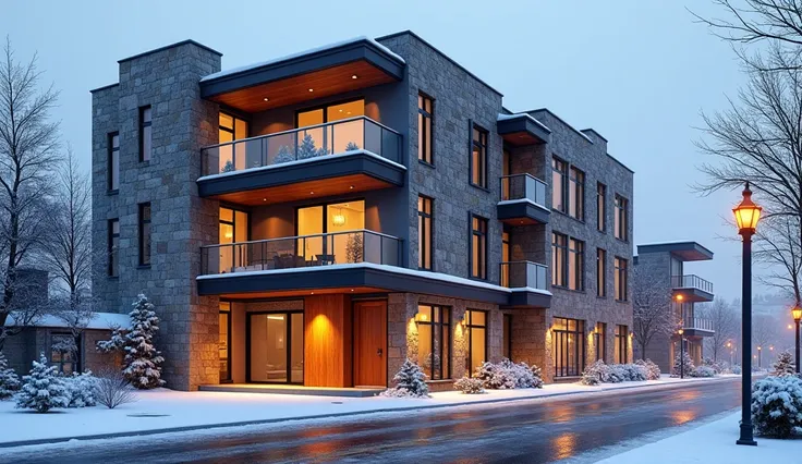 A modern 3-storey apartment building situated along a snowy urban street. Rustic stone walls, large glass windows, and a prominent wooden entrance door on the ground floor. Small snow-covered sidewalks and subtle urban details surround the structure. Warm ...