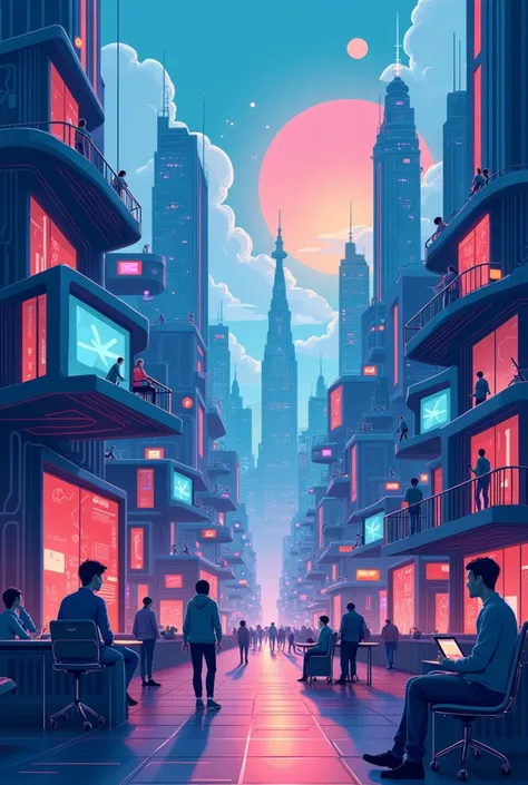 Design a visually captivating illustration for a t-shirt that depicts a futuristic cityscape intertwined with a fantasy theme, representing a digital solutions agency. The city should feature towering elements like a giant laptop, a massive camera, and cre...