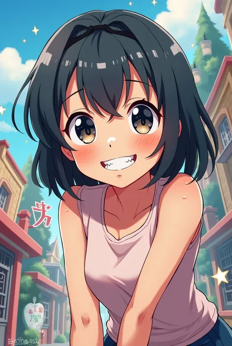 Anime style with a one sharp tooth like in oshi no ko