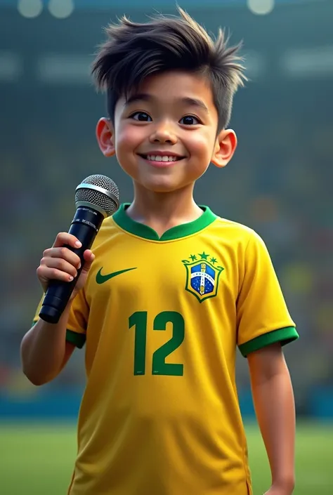  boy with mic in his hand wearing  brazil football jersey number 12