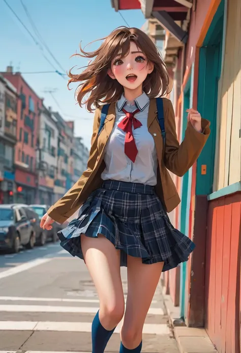 high resolution, natural pose, elegant proportions, perfect face, expressive eyes, detailed hands, beautiful legs, blurred background, 1girl, school girl, full body, surprised and embarrassed expression, blushing face, school uniform, miniskirt, wind blowi...