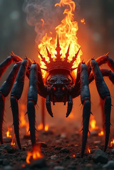 Spider with crown on its head on fire