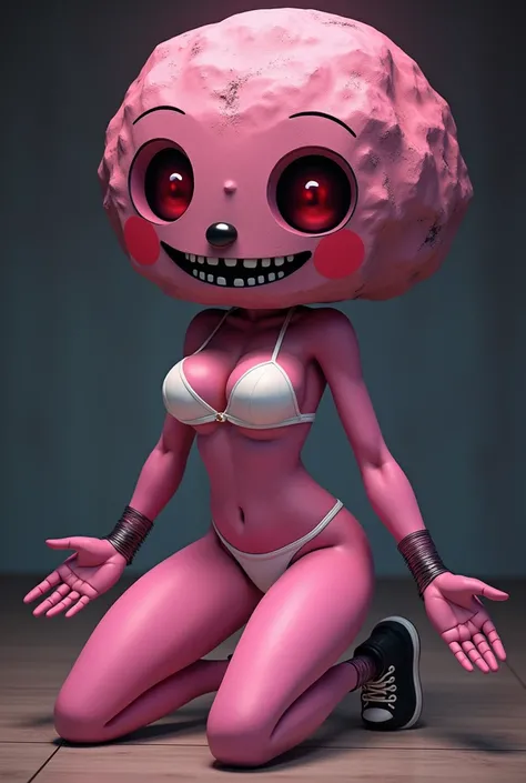 anime, Toy Chica from Five Nights at Freddys, kneeling,  costume with a large rock to replace her head,  with arms extended,  long legs ,  big thighs, Its not scary ,  anime style , Pink panties, WHITE bra, white toe black shoes