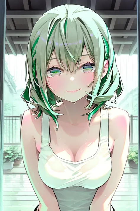 1girl, (masterpiece, best quality, syuri22), (woman), short curly hair, green hair, small breasts, white tank top, rainy day