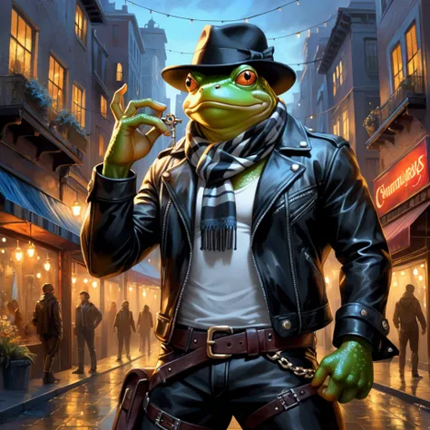 Closeup, comic book art style painting of an extremely badass anthropomorphic light blue and white bullfrog wearing an insanely cool black leather biker jacket open, black fedora, black shirt, black leather biker gloves, black leather biker pants, black st...