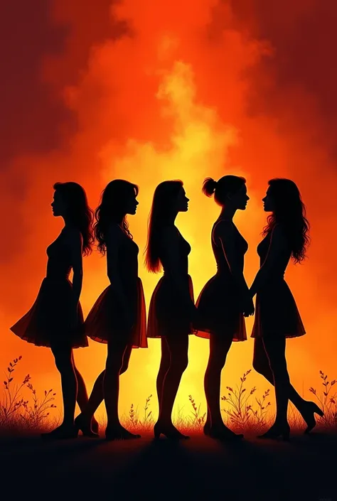 Five girls silhouette with red and orange backround