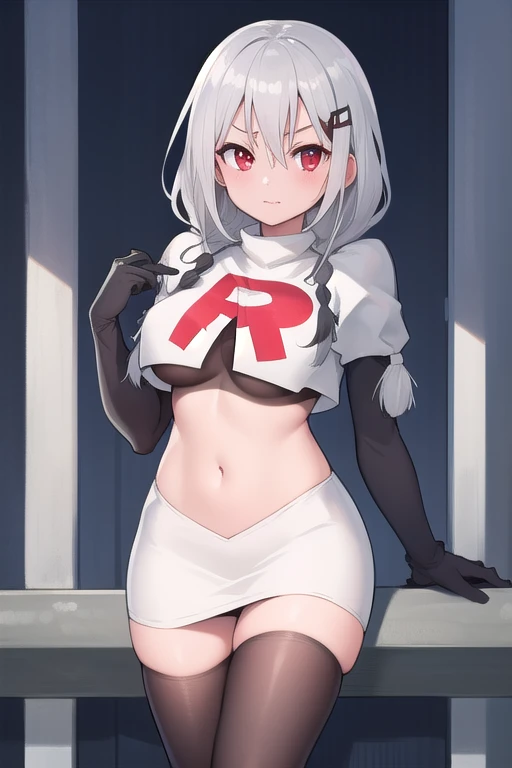 masterpiece, best quality, highres, 1girl, virtual youtuber, bangs, breasts, eyebrows visible through hair, hair between eyes, hair ornament, hair ribbon, hairclip, looking at viewer, red eyes, solo, bangs between eyes, grey hair, gray hair, white hair, me...