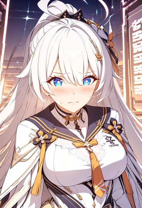 score_9, score_8_up, score_7_up, masterpiece, best quality, very aesthetic, absurdres, 1girl, solo, kiana kaslana (honkai impact 3rd), herrscher of finality, white hair, very long hair, ahoge, high ponytail, hair ornament, blue eyes, symbol-shaped pupils, ...