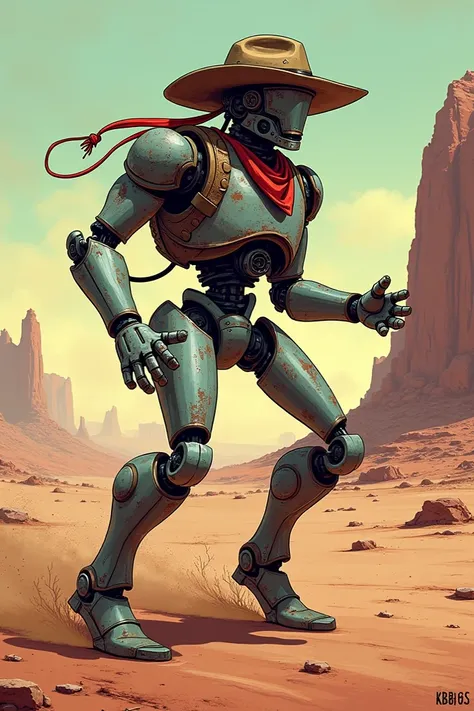 A cowboy inspired droid from star wars drawn in a comic style