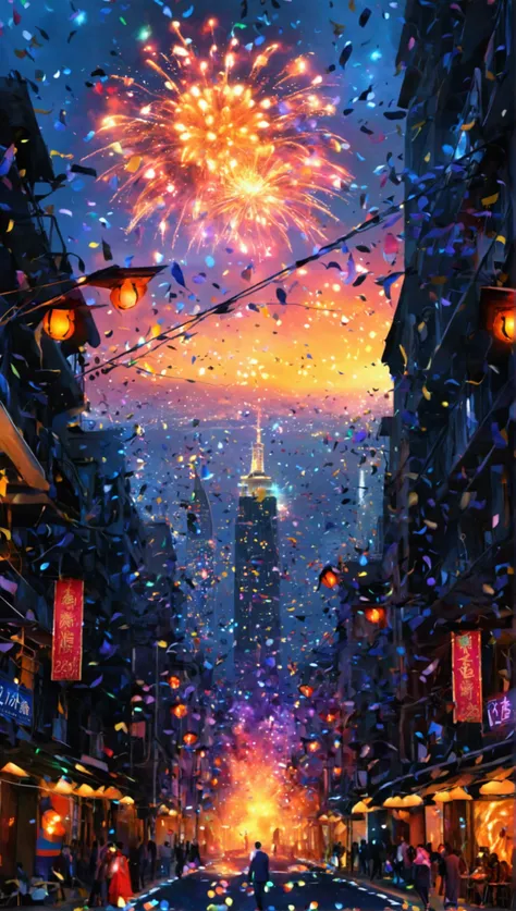 A breathtaking New Year 2025 celebration set in a modern cityscape, blending realism with surrealism. The skyline features sleek, contemporary architecture illuminated by vibrant fireworks. The year "2025" is boldly displayed in a striking, illuminated log...