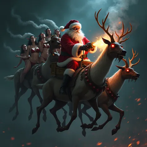 Horror Santa Claus flies through the night on his sled his 8 reindeer are undead with glowing red eyes. Santa holds a machine and fire in the sky .  Sexy female Christmas elves stand with him on the sled  