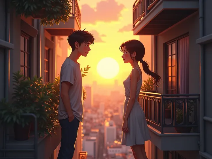 a young man looking out his balcony at a girl and she also looking at him in the neighboring building but separated by distance but still in love