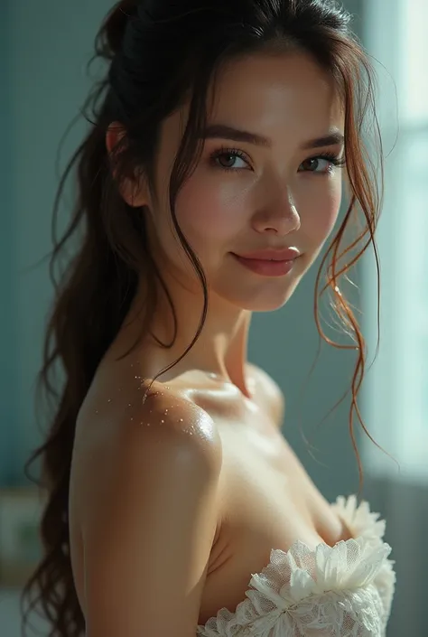 (  1girl, One,   sexy  ,   Gorgeous,  Elegant, (Slim:1.2), (nsfv, naked, Well),   seductive smile , eyelashes, plump lips,  Compose ), BREAK wet skin  , wet hair,   water drops  ,   dripping water  ,   BREAK looks at the viewer  , shower, showering,   fros...