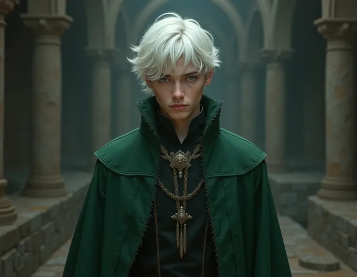 Sayer, score_9, score_8_above, score_7_above, 1 young man, Alone, Medieval green and black clothing,  white hair,