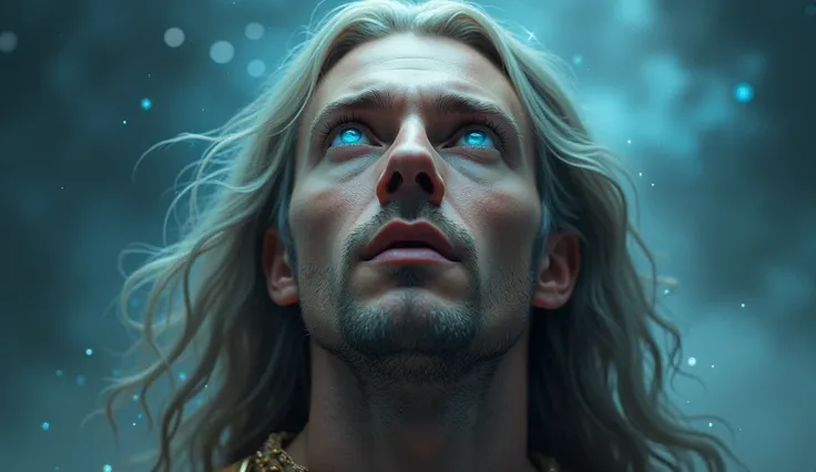 Realistic image of a man with long hair blue eyes looking up like celetial style