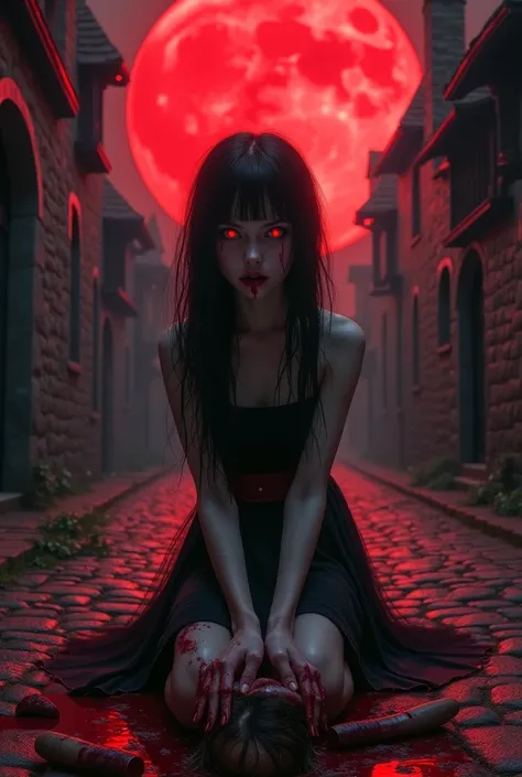  cute little vampire girl ,  long black hair without dress, vampire with teeth 
With red eyes, Kneeling over his dismembered victim, he looks up with a bloody mouth on a red moonlit night on the street of a small medieval village 